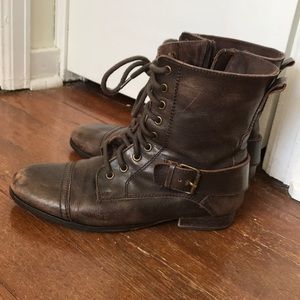 Brown leather combat boots